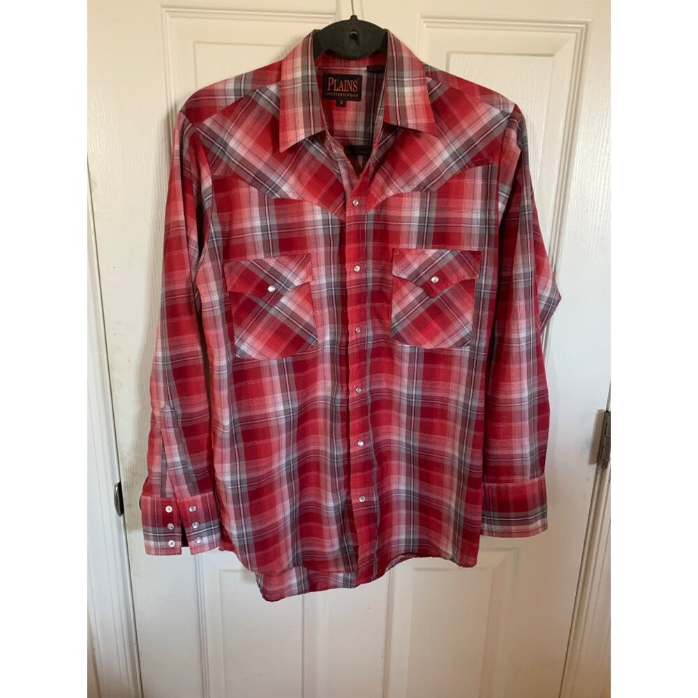 Plaid Plains Western Wear Red Snap Button Shirt Size Small